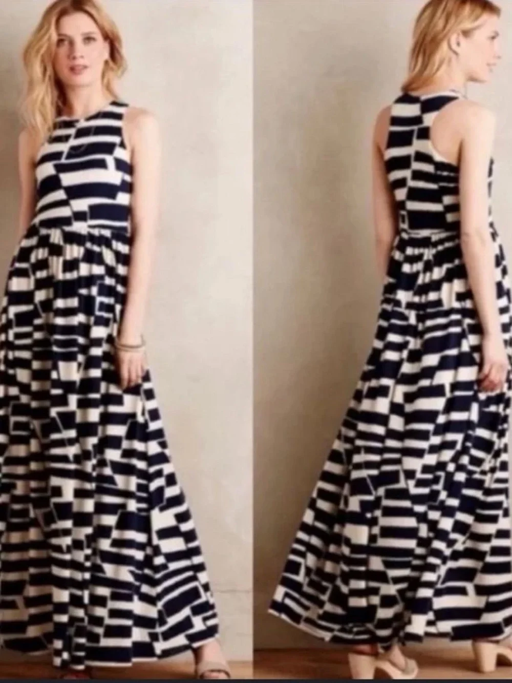 Anthropologie Navy and White Geometric Stripe Maxi Dress